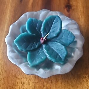 Teal Leaf-Shaped Candle on Silver Plate